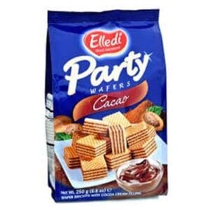 Blue Elledi Party Wafers package, cacao flavor, 250g, with images of wafers and cocoa.
