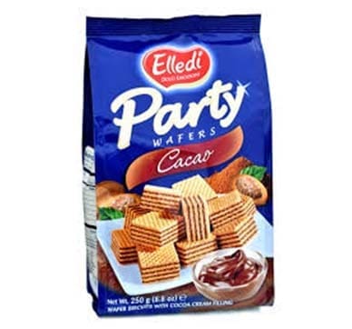 Blue Elledi Party Wafers package, cacao flavor, 250g, with images of wafers and cocoa.