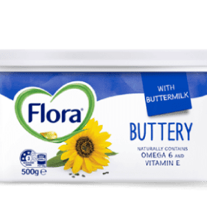 Flora Buttery spread tub, 500g, with sunflower design, Omega 6, Vitamin E, buttermilk.