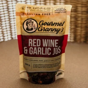 Gourmet Granny's Red Wine & Garlic Jus sauce, 200g, gluten-free, Australian made.