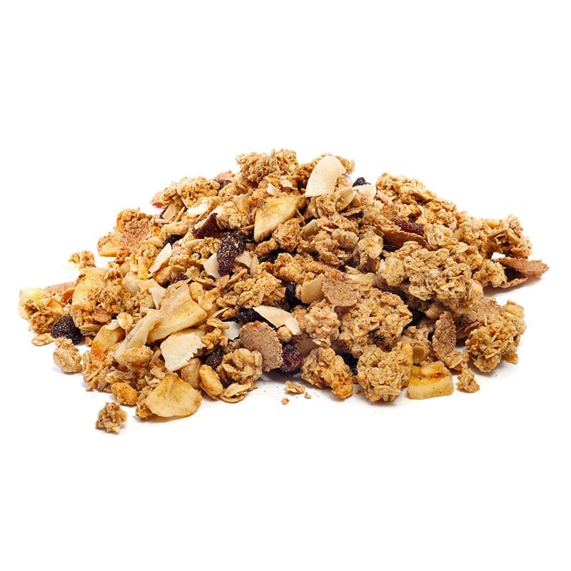 Granola with oats, nuts, and dried fruits on a white background, crunchy texture visible.