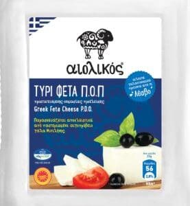 Greek Feta Cheese P.D.O. packaging with feta slices, tomato, olives, basil, and certification.
