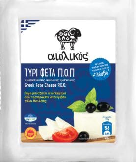 Greek Feta Cheese P.D.O. packaging with feta slices, tomato, olives, basil, and certification.