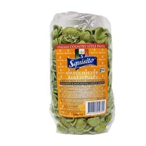 Green pasta package labeled "Squisito Orecchiette agli Spinaci" with detailed product info.