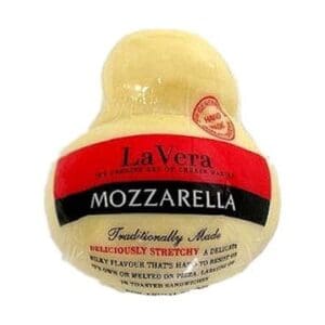 Packaged mozzarella cheese labeled as handmade, stretchy, for pizza and salads.