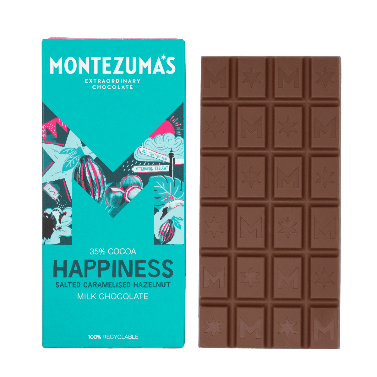 MONTEZUMAS HAPPINESS SALTED CARAMELISED HAZELNUT MILK CHOC MONTEZUMAS HAPPINESS SALTED CARAMELISED HAZELNUT MILK CHOC