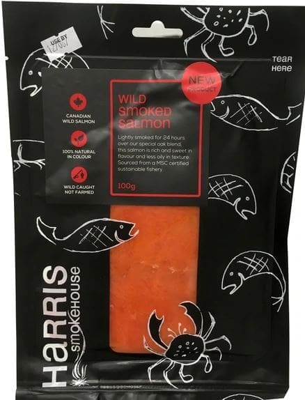 Harris Smokehouse wild smoked salmon, 100g, Canadian, MSC-certified, 24-hour light smoking.