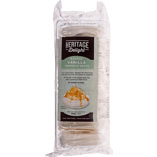 Package of "Heritage Delight" large vanilla meringue nests, 100g, with fruit-topped image.