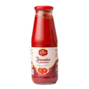 Glass bottle of Italian tomato passata with red cap and labeled branding, tomatoes illustrated.