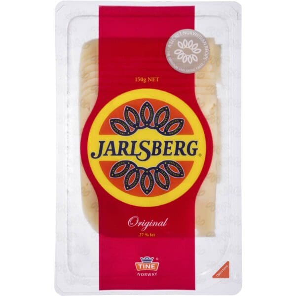 Jarlsberg Cheese Slice Packaging Jarlsberg cheese slice, 150g, 27% fat, TINE Norway, red and yellow floral logo.