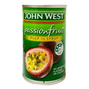 John West passionfruit pulp in syrup can, green label, halved fruit image, 3.5 health rating.