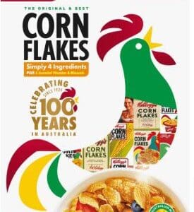 Kellogg’s Corn Flakes box with rooster design, celebrating 100 years in Australia, 380g.