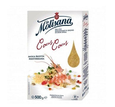 La Molisana couscous box, 500g, with Mediterranean recipe image and Italian product label.