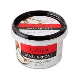 Container of LaVera mascarpone, red and white label, 250g, traditionally made.