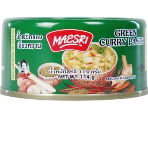 Green can labeled "MAESRI" with green curry paste, 114g, featuring curry images and text.