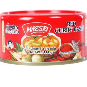 Maesri red curry paste can; traditional Thai label in Thai and English, 114 grams.