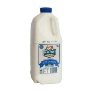 Plastic bottle with blue cap, 2L full cream milk from Maleny Dairies, cow on label.