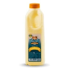 1-liter Maleny Dairies gluten-free custard bottle, yellow with orange cap and label.