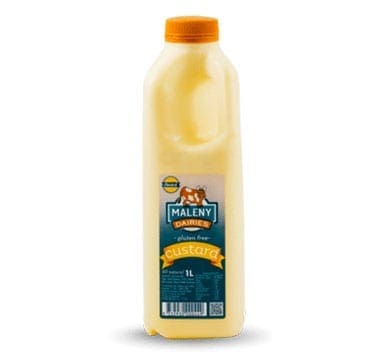 1-liter Maleny Dairies gluten-free custard bottle, yellow with orange cap and label.