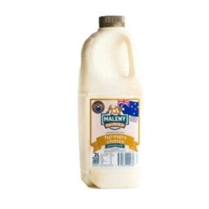 Two-liter bottle of Maleny Dairies Farmers Choice milk with label and Australian flag.