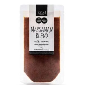 Massaman Blend spice packet from Zest, gluten, dairy, sugar-free, mild-medium heat.