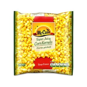 McCain Super Juicy Corn Kernels package, farm-picked and snap frozen, 500g.