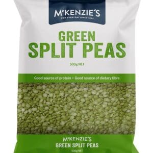 McKenzie's 500g green split peas package; protein and dietary fiber source.