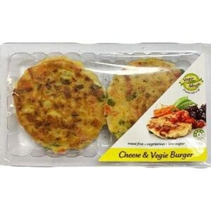 Plastic package with two meat-free cheese and veggie burger patties; low sugar.