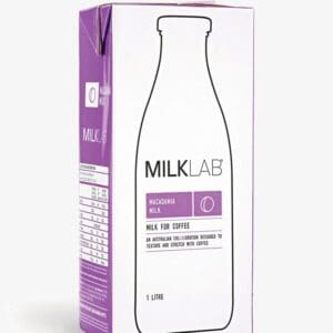 One-liter Milklab macadamia milk carton, purple/white, designed for coffee texture/stretch.