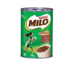 Can of Milo malt beverage by Nestlé, green label, active sport theme, nutritional benefits highlighted.