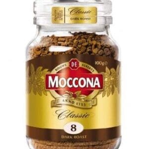Glass jar of Moccona Classic instant coffee, dark roast, strength 8, 100g, gold and brown label.