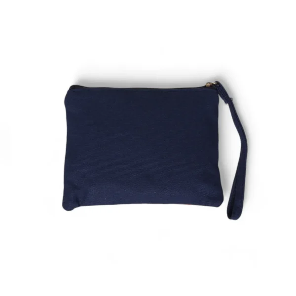 Navy blue pouch with a zipper and wrist strap.