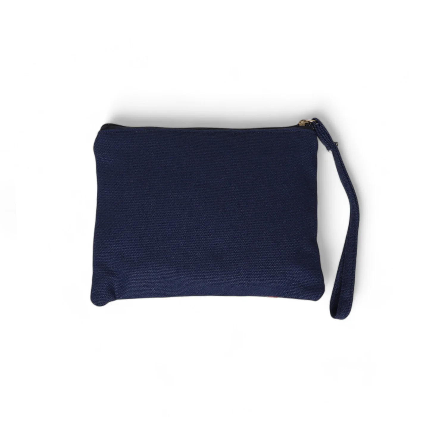 Navy blue pouch with a zipper and wrist strap.