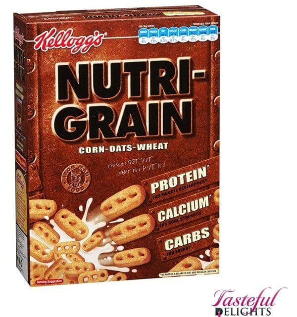 Nutri-Grain cereal box with corn, oats, wheat; highlights protein, calcium, carbs, and nutrition.