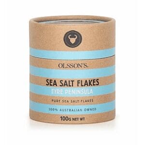 Cylindrical Olsson's sea salt flakes from Eyre Peninsula, 100g, brown with blue accents.