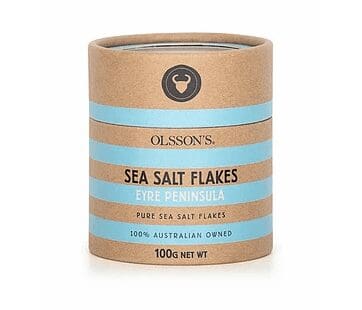 Cylindrical Olsson's sea salt flakes from Eyre Peninsula, 100g, brown with blue accents.