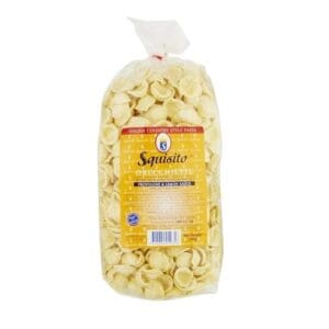 Orecchiette pasta in labeled plastic bag; 500g, brand "Squisito," with pairing suggestion.