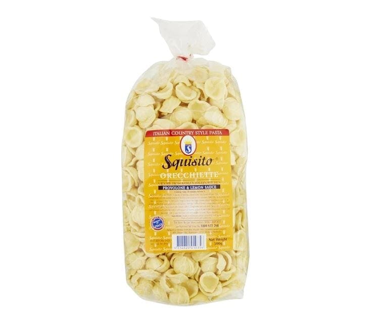 Orecchiette pasta in labeled plastic bag; 500g, brand "Squisito," with pairing suggestion.