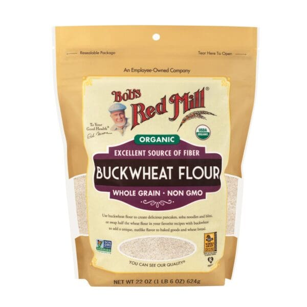 Organic Buckwheat Flour Package Organic buckwheat flour package, non-GMO, whole grain, 22 oz, resealable.