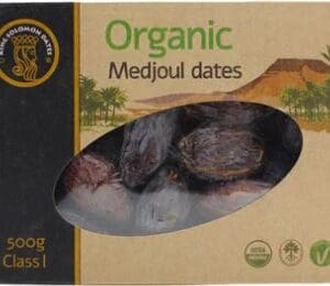 500g organic Medjoul dates package with desert illustration and quality symbols.