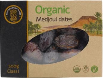 500g organic Medjoul dates package with desert illustration and quality symbols.