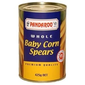Can of Pandaroo Whole Baby Corn Spears, blue and yellow label, 425g net weight.