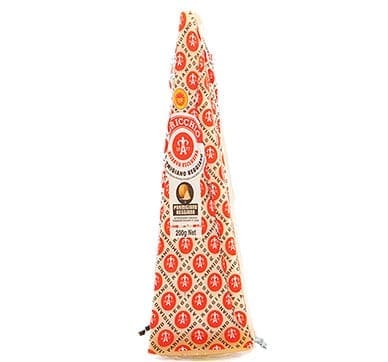 Wedge of packaged Parmesan Reggiano cheese, 250g, with red and gold patterned wrapper.