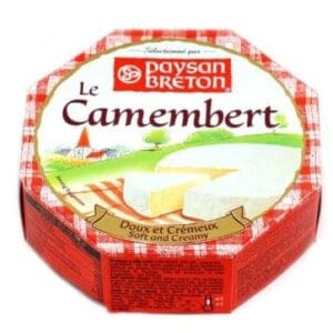 Paysan Breton Camembert cheese box with red and white checkered sides and rural landscape illustration.