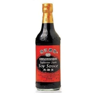 Pearl River Bridge Superior Dark Soy Sauce with red label and gold cap.