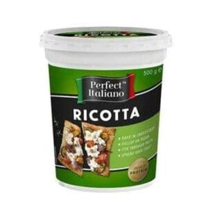 Perfect Italiano ricotta tub, green and white, 500g, with protein content and usage ideas shown.