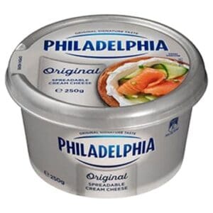 Philadelphia cream cheese container with salmon bagel image, 250 grams.
