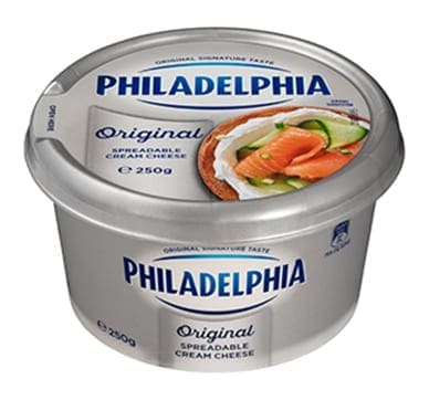 Philadelphia cream cheese container with salmon bagel image, 250 grams.