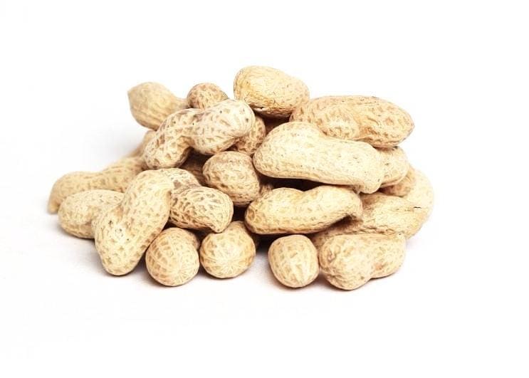 Pile of unshelled peanuts with textured beige shells on a white background.