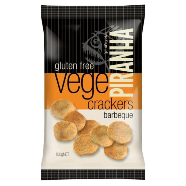 Piranha Vege Crackers 100g bag, black/orange, gluten-free, barbeque flavor, round crackers.